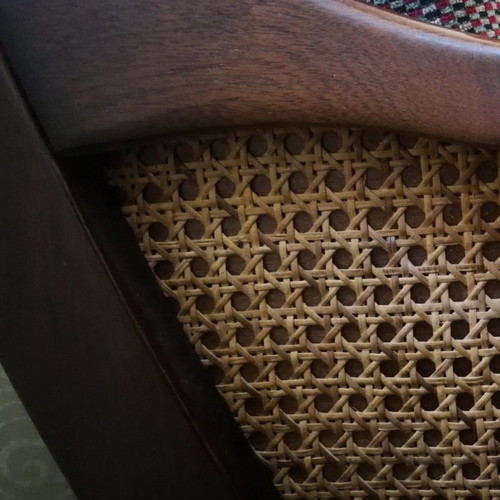 Classic three-seater sofa used, wood and rattan
