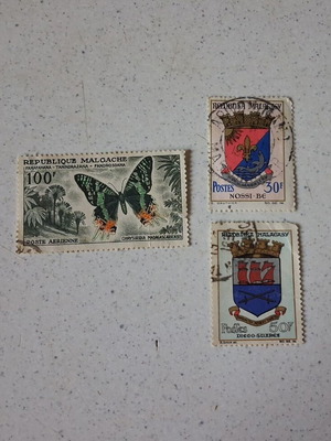 Madagascar Stamps Used, Set of 3 with Butterfly and Coats of Arms