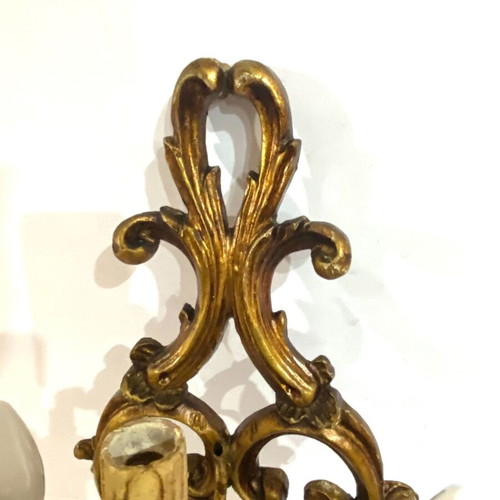 Pair of 2 French wall sconces used, gilded wood and iron