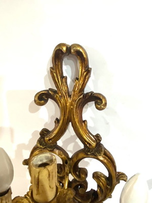Pair of 2 French wall sconces used, gilded wood and iron
