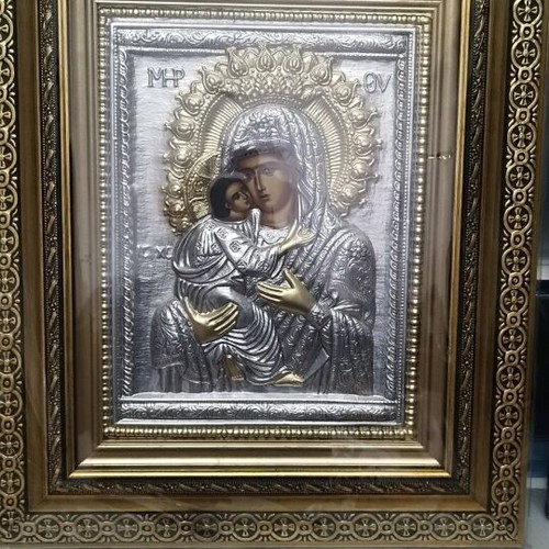 Religious icon of Virgin Mary with Christ Child, gold frame, wood-metal