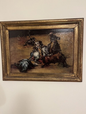 Vintage painting Tauromachia copy of Francisco Goya with metal plaque like new