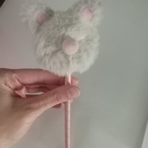 Pen with fluffy teddy bear new, blue ink with pink ribbon