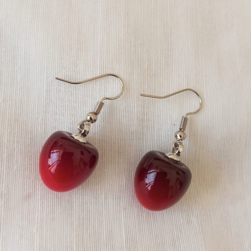 Red cherry-shaped dangle earrings, stainless steel hooks
