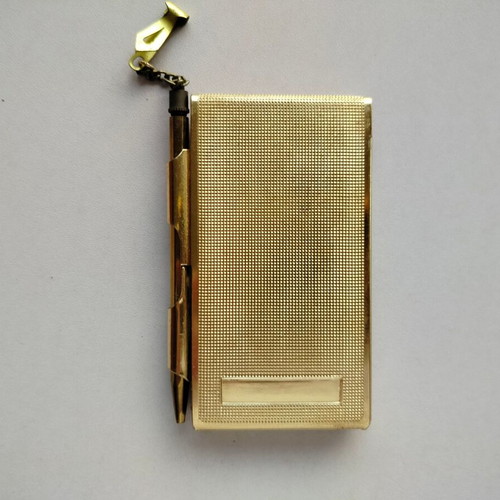 Vintage metal pocket notebook with built-in pencil and papers, Japan No14917 used