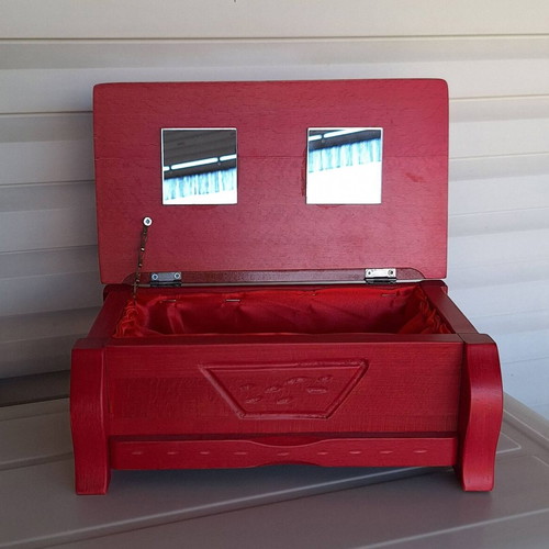 Handmade wooden jewelry box new, red satin interior