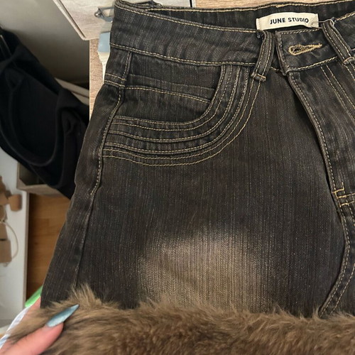 Denim mini skirt with fur like new, XS-S, blue and brown