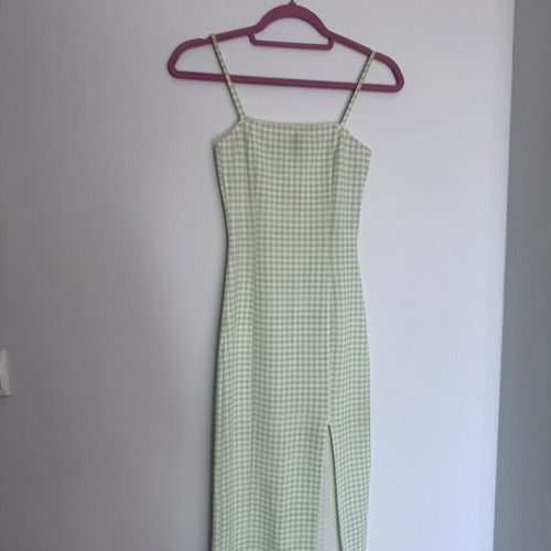 H&M Sexy Checked Dress with Slit XS Like New, Green and White