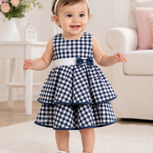 Babylon Fashion dress blue-white checkered with bow 12 months new