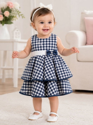 Babylon Fashion dress blue-white checkered with bow 12 months new