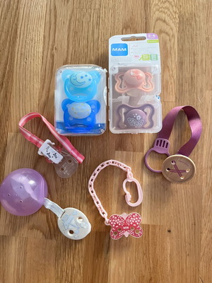 Pacifier set new with chains, includes MAM and NUK pacifiers