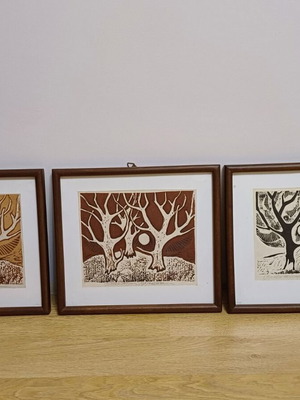 Set of 3 framed winter lithograph prints