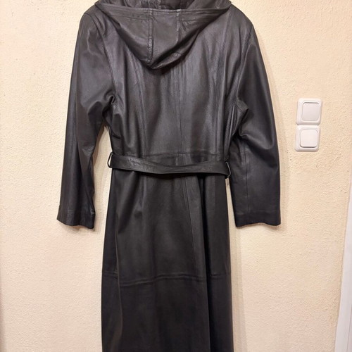 Leather coat with hood like new, black, size XXL
