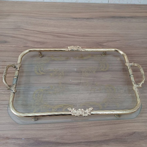 Glass tray with metal base vintage like new