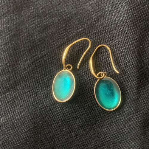 Gold-tone earrings with oval turquoise enamel, like new, handmade vintage style