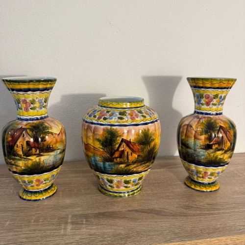 Hand-painted majolica vases used, set of 3