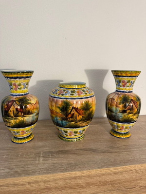 Hand-painted majolica vases used, set of 3