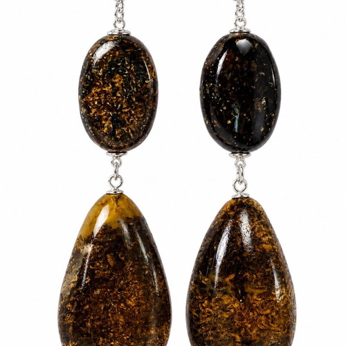 Long Black Amber Earrings with Fossil Inclusions, 925 Sterling Silver