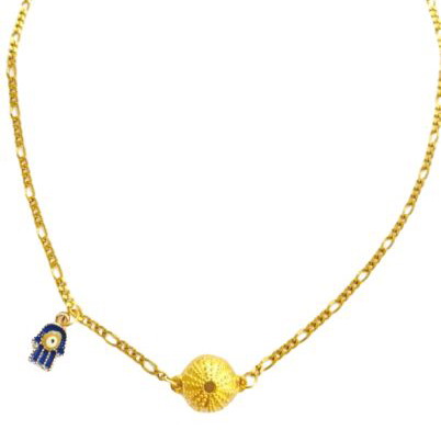 Summer necklace talisman with steel chain, sea urchin and hamsa hand with eye and enamel