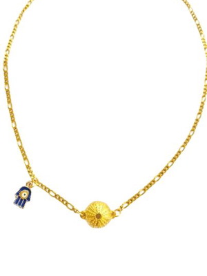 Summer necklace talisman with steel chain, sea urchin and hamsa hand with eye and enamel