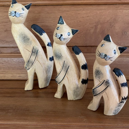 Set of three handmade wooden cat figurines new