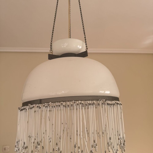 Opaline ceiling light white with bead fringes like new