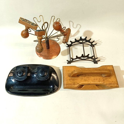 Desk set used with pen holder, stamp holder, inkwell and blotter