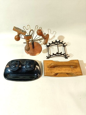 Desk set used with pen holder, stamp holder, inkwell and blotter