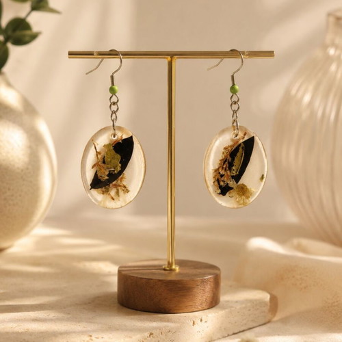 Handmade Resin Earrings Dark Forest with Dried Flowers in Oval Glass