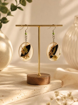 Handmade Resin Earrings Dark Forest with Dried Flowers in Oval Glass