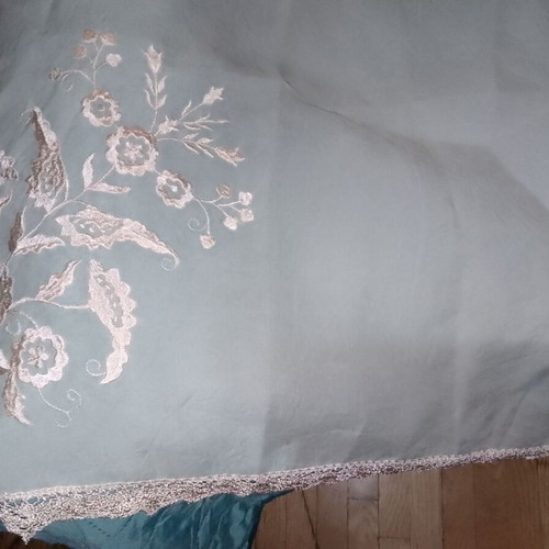 Large pink salmon silk tablecloth with embroidery and lace