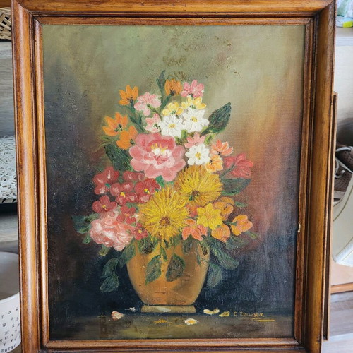 Vintage oil painting on canvas used, vase with colorful bouquet