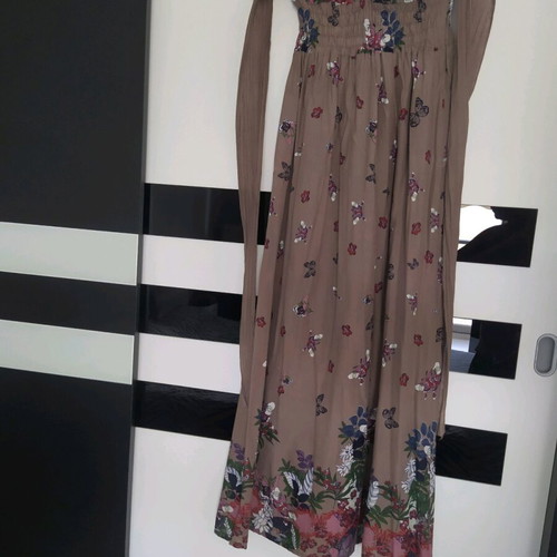 Long strapless dress like new, brown with colorful floral and butterfly patterns, sizes S/M