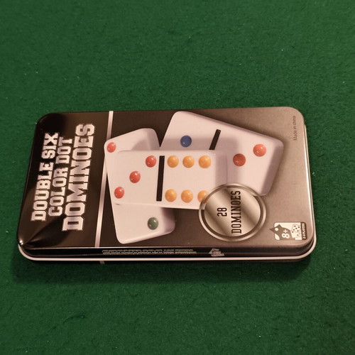 Double Six Color Dot Dominoes board game, 28 tiles, metal tin