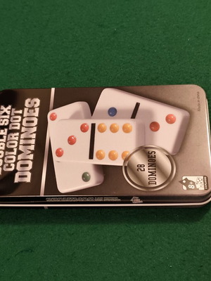 Double Six Color Dot Dominoes board game, 28 tiles, metal tin