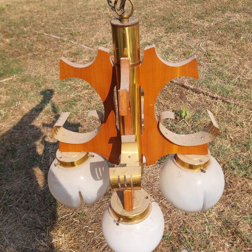 Vintage wooden and brass 3-light chandelier with opaline glass