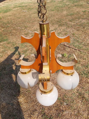 Vintage wooden and brass 3-light chandelier with opaline glass