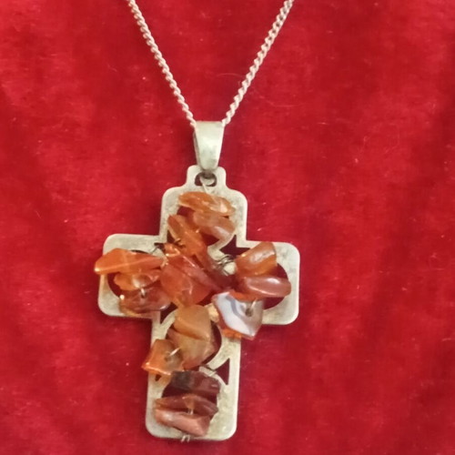 925 cross necklace with amber chips, 42cm chain