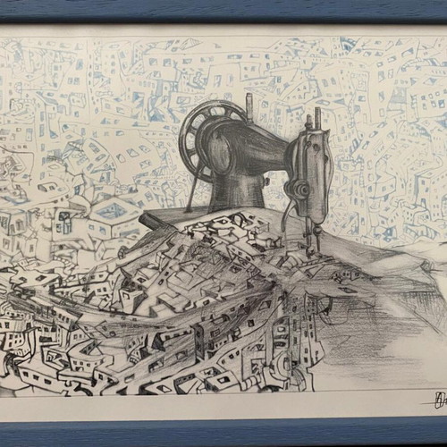 Original handmade ink and pencil drawing on paper signed like new