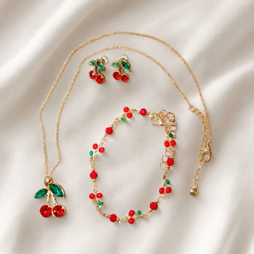 Luxury Cherry Jewelry Set new with rhinestones in gold tone
