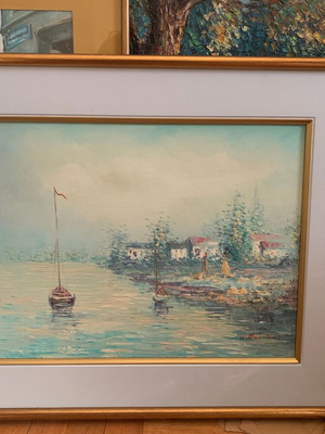 Vintage ελαιογραφία «Παραθαλάσσιο Τοπίο με Ιστιοφόρα» σαν καινούργιο