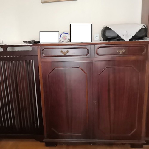 Classic handmade cabinet used, walnut finish, 2 drawers and double door