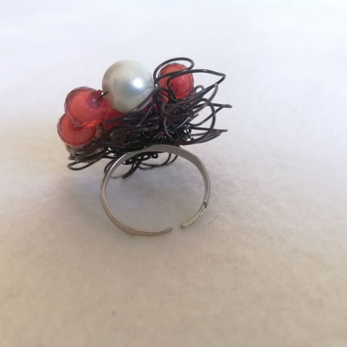 Handmade ring new with black, red and silver beads