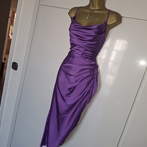 Shein purple satin ruched cross back slit dress, size M