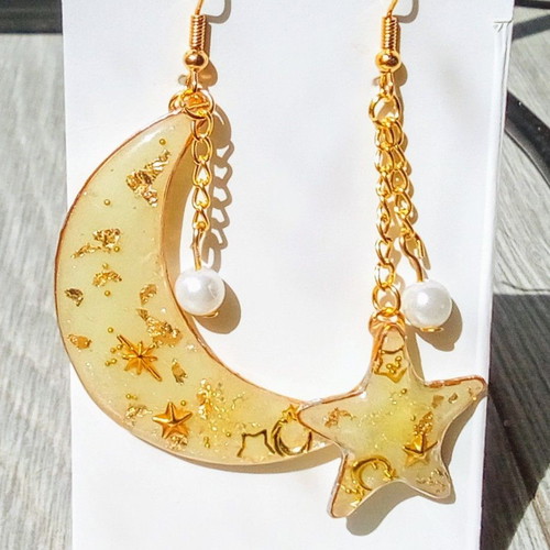 Handmade Moon and Star Earrings new, beige and gold