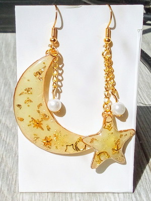 Handmade Moon and Star Earrings new, beige and gold
