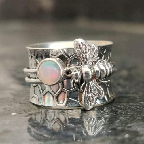 Vintage ring with white opal and bee design, new