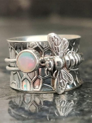 Vintage ring with white opal and bee design, new