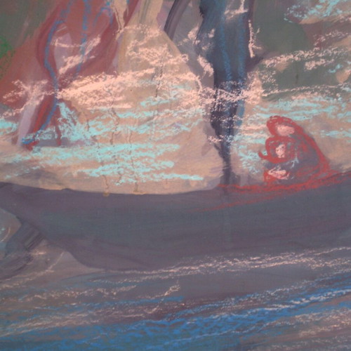 Authentic seascape painting mother and child used, mixed media by Chara Vienna