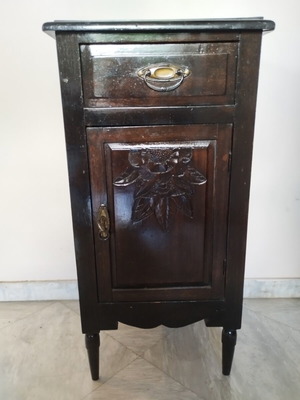 Vintage wood carved bedside cabinet refurbished, Art Deco style